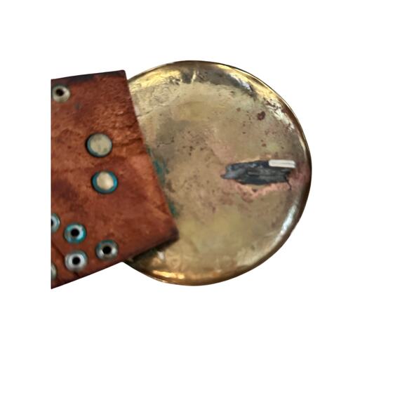 Vintage Women's Brown Moroccan Gypsy Style Studded Brass Leather Belt - Picture 2 of 8